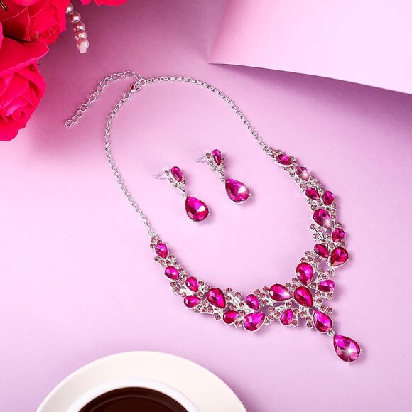 Bridal Teardrop Crystal Jewelry Set Necklace Earrings for Women Wedding Elegant - Picture 4 of 6